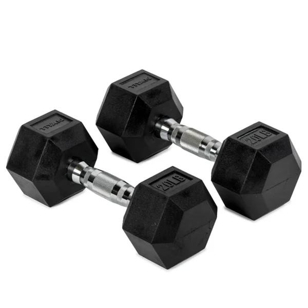 Titan 20 LB Rubber Hex Dumbbell Pair Titan 20 LB hex dumbbell rubber coated head design