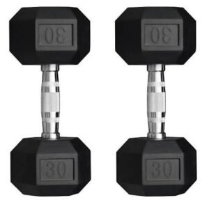 30 LB rubber hex dumbbell textured handle and rubber coated design