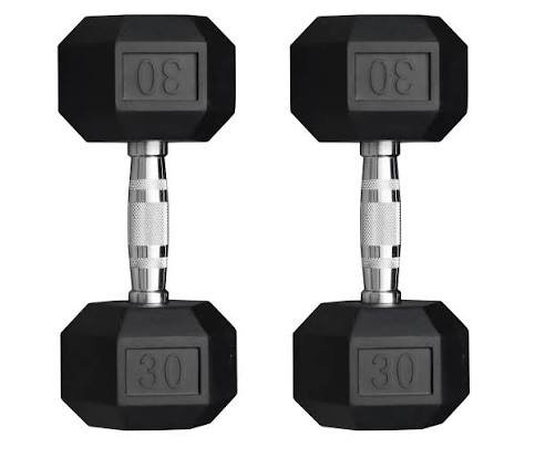 30 LB rubber hex dumbbell textured handle and rubber coated design