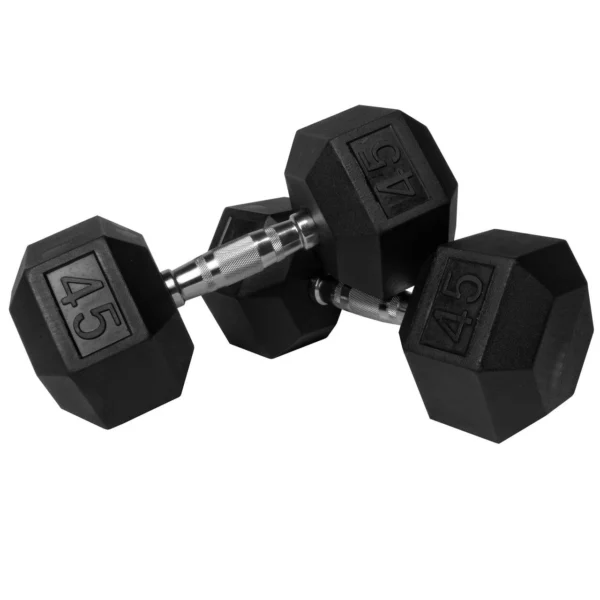 45 LB rubber hex dumbbell textured handle and rubber coated design 45 LB rubber hex dumbbells with hexagonal heads for strength training